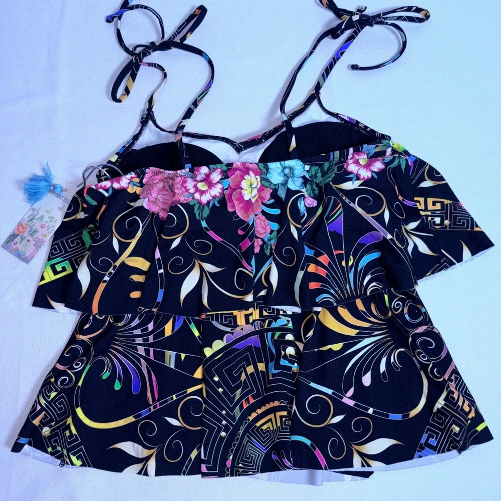 Johnny Was Tankini Top XS Multi New Floral Tiered Ruffle Tie Strap CSW6022AN